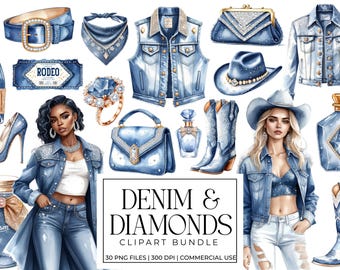 Denim and Diamonds Clipart Bundle | Western Glam PNGs | Cowgirl Boots, Hats, Rhinestones, Sparkly Country Girl Graphics | Scrapbook Ephemera