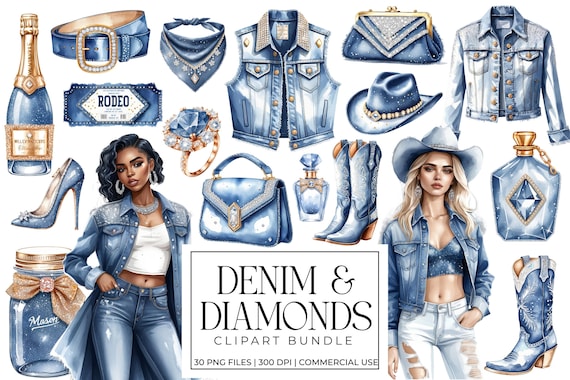Denim and Diamonds Clipart Bundle | Western Glam PNGs | Cowgirl Boots, Hats, Rhinestones, Sparkly Country Girl Graphics | Scrapbook Ephemera
