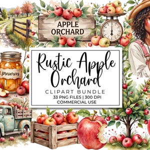Rustic Apple Orchard Clipart Bundle, Watercolor Fall Apples, Farm Crates, Cider, Trees, Baskets & Autumn Harvest PNGs, Junk Journal Graphics