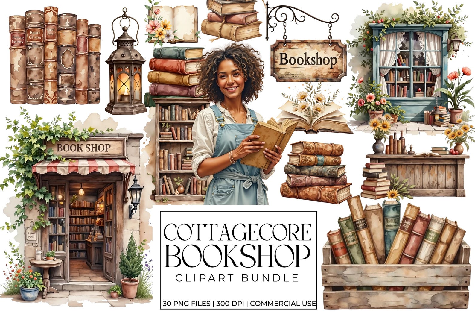 Cottagecore Bookshop Clipart Bundle, Vintage Watercolor Library Scenes ...