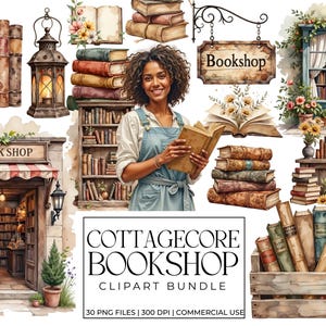 Può includere: Illustrazione ad acquerello a tema libreria cottagecore. L'immagine include pile di vecchi libri, una donna che tiene un libro, un'insegna di libreria e l'ingresso di un negozio. È visibile anche il testo "COTTAGECORE BOOKSHOP CLIPART BUNDLE".