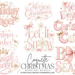 Coquette Christmas Word Art Clipart, Rosa Jultypografi PNG, Flickiga Julordspråk, Söta Festliga Fraser, Rosettbokstäver Grafikpaket Set