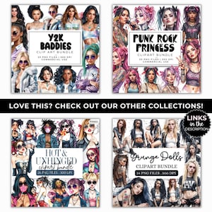 以下が含まれることがあります： 「Y2K Baddies」、「Punk Rock Princess」、「Hot & Unhinged」、「Grunge Dolls」の4つのデジタルクリップアートバンドル。各バンドルには、商用利用可能な300 DPIのPNGファイルが含まれています。画像には「LOVE THIS? CHECK OUT OUR OTHER COLLECTIONS!」と「LINKS in the DESCRIPTION」のテキストも含まれています。