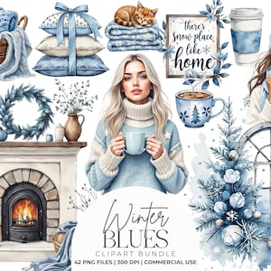 May include: A digital clipart collection featuring winter-themed illustrations in shades of blue and white, including a fireplace, a person in a jumper holding a mug, a cat on blankets, a wreath, biscuits, and text reading Winter BLUES.