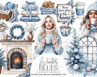 Puede incluir: Una colección de imágenes digitales con temática invernal en tonos azules y blancos, que incluye una chimenea, una persona con suéter sosteniendo una taza, un gato sobre mantas, una corona, galletas y el texto Winter BLUES.