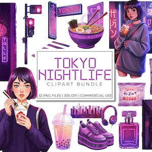 May include: Digital illustration of a Tokyo nightlife clipart bundle. The image features various elements like ramen, sushi, a girl with a drink, and neon signs. The color palette is dominated by shades of purple and pink.