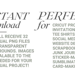 May include: Text graphic with the words "INSTANT download" and "PERFECT for" followed by a list of project types. The text states that you will receive 32 PNG files with transparent backgrounds.