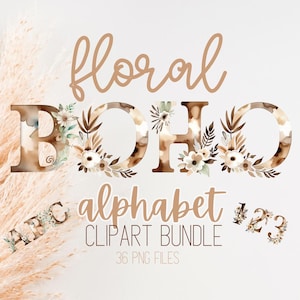 Paquete de imágenes prediseñadas de letras florales bohemias, imágenes prediseñadas del alfabeto y números en inglés, letras PNG de flores de acuarela / fuente de flores marrones