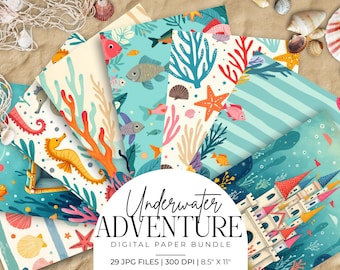 Paquete de papeles digitales Aventura Submarina, Patrones del Océano, Fondos, Escenas, Sirenas, Vida Marina, Álbum de Recortes Imprimible 8.5x11 JPG Manualidades para Niños