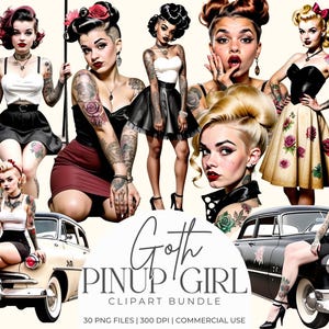 Goth Pinup Girl Clipart-paket, Vintage Punk Girl Clip Art, 1950-talets Goth Girl PNG-grafik, Edgy Junk Journal, Punk Girl Scrapbooking-tillbehör