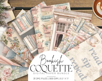Bookish Coquette Digital Paper Bundle, Watercolor Backgrounds, Book Planner Pages, Reading Junk Journal Designs, Scrapbook Patterns Pack