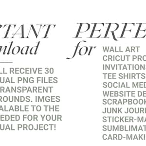May include: An image with text that reads "INSTANT download" and "PERFECT for" followed by a list of creative projects. The text indicates the availability of 30 individual PNG files with transparent backgrounds, scalable for various projects.