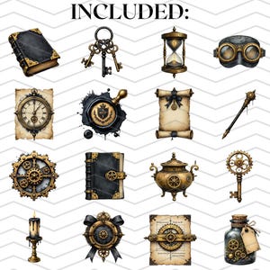 May include: A collection of steampunk-themed illustrations featuring clocks, keys, hourglasses, goggles, a bell, a book, a scroll, a wand, a tray of vials, a pendant, gears, a teapot, a key, a telescope, candles, a badge, and a bottle labeled "Time Serum".