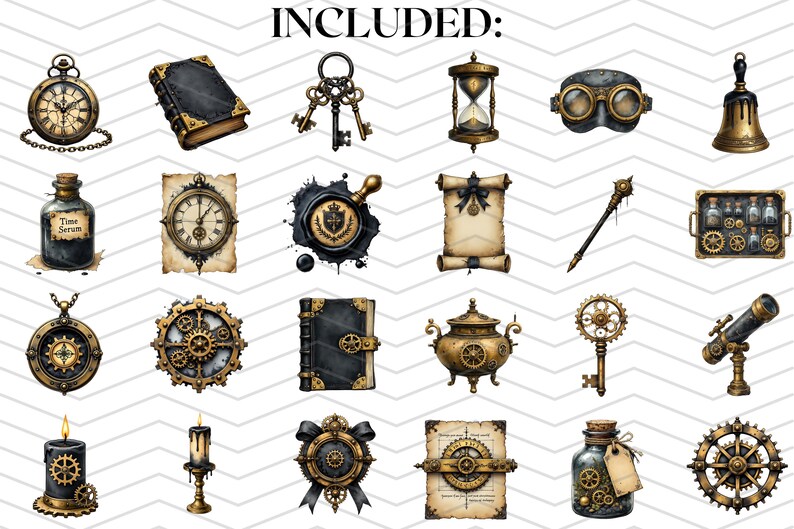 May include: A collection of steampunk-themed illustrations featuring clocks, keys, hourglasses, goggles, a bell, a book, a scroll, a wand, a tray of vials, a pendant, gears, a teapot, a key, a telescope, candles, a badge, and a bottle labeled "Time Serum".