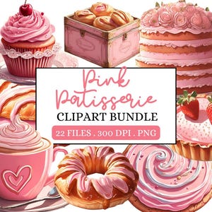 Rosa Patisserie Clipart | Pastell Bäckerei Grafiken | Niedliches Gebäck PNG | Französische Bäckerei Illustration | Süße Leckereien Digital Art | Scrapbooking
