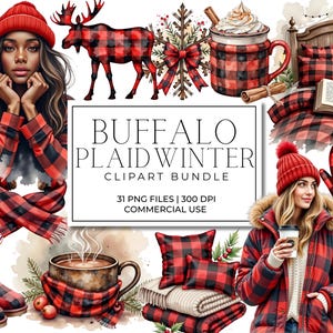 Könnte beinhalten: Ein digitales Clipart-Bundle mit Büffel-Plaid-Winterdesigns. Das Bild zeigt eine Frau mit roter Mütze und Jacke, einen Elch, Fäustlinge, Stiefel und ein Bettwäsche-Set. Das Bundle enthält auch eine Tasse heiße Schokolade mit Sahne.