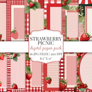 Confezione di carta da lettere "Fragole Picnic" – Carta digitale Cottagecore con vichy e fragole – Carta da lettere stampabile e carina per lettere