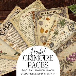 May include: A selection of aged grimoire pages featuring botanical illustrations and handwritten text. The pages are fanned out, with titles such as "Herbology" and "Thyme". The image includes a fern and the text "Herbal Grimoire Pages".