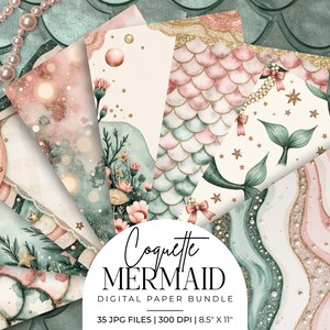 Puede incluir: Un paquete de papel digital con treinta y cinco archivos JPG con patrones de sirena en tonos rosa, verde y dorado. Los diseños incluyen escamas, elementos florales, estrellas y texturas onduladas con el texto Coquette MERMAID DIGITAL PAPER BUNDLE 35 JPG FILES 300 DPI 21,59 cm x 27,94 cm.