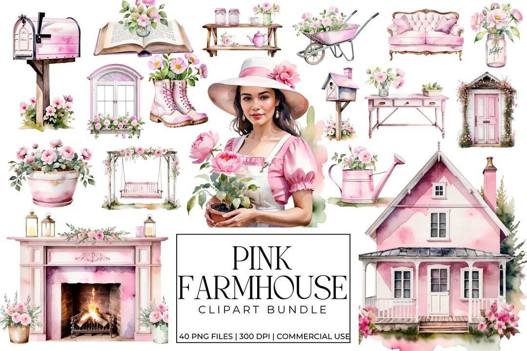 Pink Farmhouse Watercolor Clipart Bundle | Cottagecore Country House ...