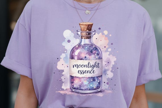 Moonlight Essence Potion Bottle PNG | Pastel Purple Witchy Sublimation Design | Mystical Magic Potion Clipart for T-Shirts, Mugs, Stickers