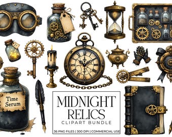 Midnight Relics Clipart Bundle, Gothic Magical Artifacts Graphics, Steampunk Academy Objects, Brass Charms Spell, Tools, Dark Fantasy PNG
