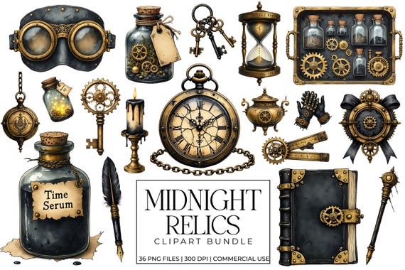 Midnight Relics Clipart Bundle, Gothic Magical Artifacts Graphics, Steampunk Academy Objects, Brass Charms Spell, Tools, Dark Fantasy PNG
