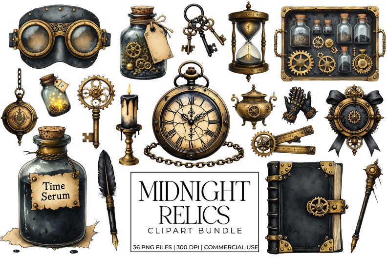 May include: A collection of steampunk-themed clip art elements. Includes goggles, keys, a pocket watch, hourglass, gears, bottles, a candle, a quill, a book, and the text "MIDNIGHT RELICS CLIPART BUNDLE". The color palette is primarily gold, black, and brown.