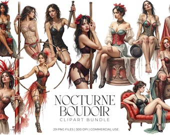 Nocturne Boudoir Clipart Bundle, Dark Circus After Hours, Gothic Carnival Performers, Vintage Watercolor Art, Junk Journal PNG