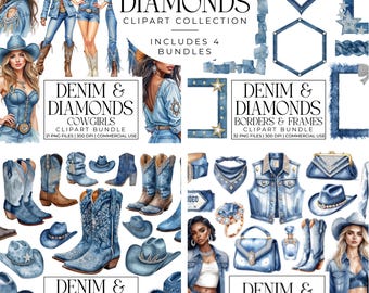 Denim & Diamonds Clipart Collection | Western Glam Cowgirl Mega PNG Bundle, Hats, Boots, Frames, Cowgirls, Rhinestone Denim Art Graphics