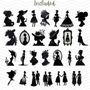 May include: A set of 25 black and white silhouette images of women wearing hats and dresses. The images are in various poses and styles, and some include floral accents. The text "Included" is at the top of the image.