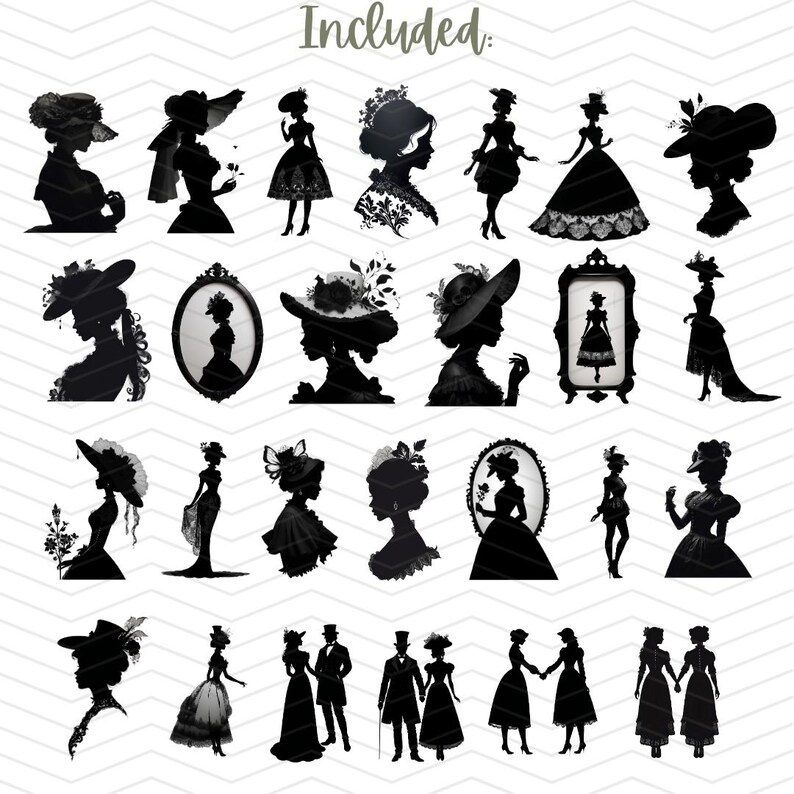 May include: A set of 25 black and white silhouette images of women wearing hats and dresses. The images are in various poses and styles, and some include floral accents. The text "Included" is at the top of the image.