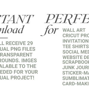 K&ouml;nnte beinhalten: Textgrafik mit den Worten "INSTANT download" und "PERFECT for" &uuml;ber einer Liste kreativer Projektideen. Der Text besagt, dass Sie 29 PNG-Dateien mit transparenten Hintergr&uuml;nden erhalten.