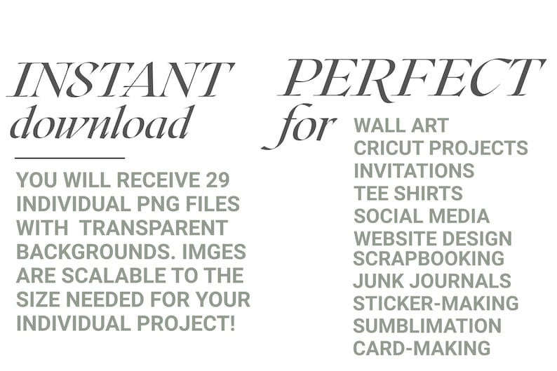 K&ouml;nnte beinhalten: Textgrafik mit den Worten "INSTANT download" und "PERFECT for" &uuml;ber einer Liste kreativer Projektideen. Der Text besagt, dass Sie 29 PNG-Dateien mit transparenten Hintergr&uuml;nden erhalten.