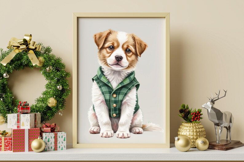 Puede incluir: Una impresi&oacute;n de arte de pared enmarcada que muestra a un cachorro con pelaje marr&oacute;n y blanco que lleva un chaleco de cuadros verde con botones dorados. El cachorro est&aacute; sentado de frente, mirando hacia adelante con expresi&oacute;n neutra.