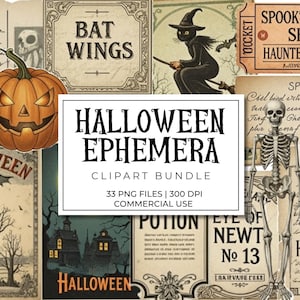 Puede incluir: Una colección de efemérides de Halloween de estilo vintage. Incluye una calabaza tallada, una bruja en una escoba, un esqueleto y varios letreros temáticos con texto como "Bat Wings" y "Spooktacular Show".