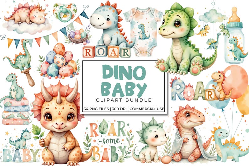 Dino Baby Clipart Bundle | Watercolor Dinosaur Nursery Clipart Set ...