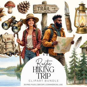 Peut inclure: Illustration à l'aquarelle d'une randonnée rustique avec un couple, un panneau de sentier et divers éléments de plein air. Comprend une boussole, une lanterne, un sac à dos, des jumelles et une cabane. Le texte indique "Rustic Hiking Trip Clipart Bundle".