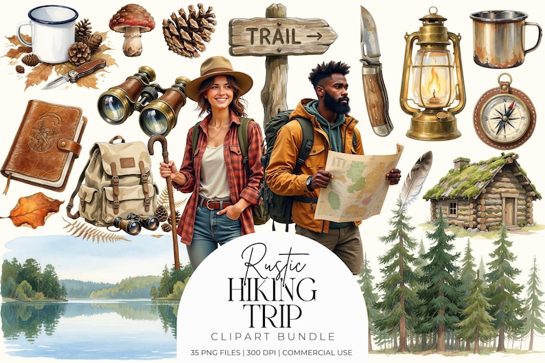 Rustic Backpacking Look Rustic Hiking Trip Watercolor Clipart Bundle – Camping Gear Graphics ...