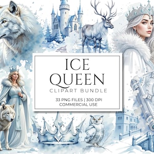 May include: Watercolor clipart bundle titled "Ice Queen" featuring illustrations of a wolf, a woman in a crown, a castle, a reindeer, an owl, and a book. The images are in shades of white and blue.