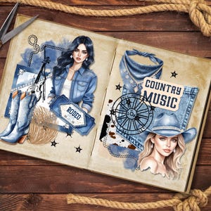 Denim och diamanter Clipart-paket | Western Glam PNGs | Cowgirl-stövlar, hattar, strass, glittriga lantflickgrafik | Scrapbook-ephemera bild 2