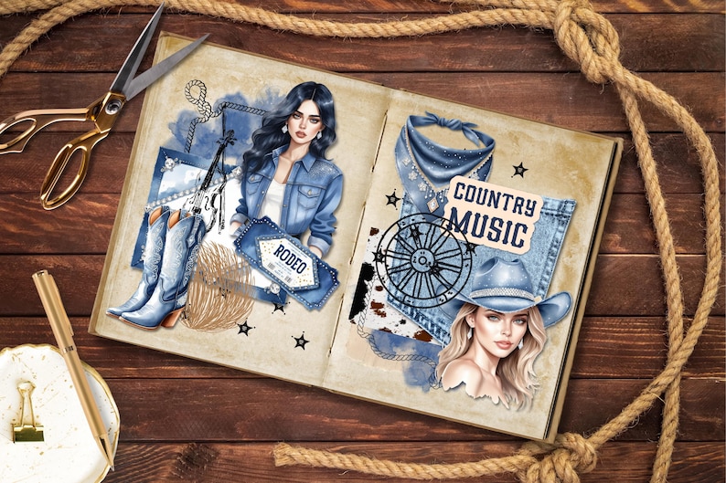 Denim och diamanter Clipart-paket | Western Glam PNGs | Cowgirl-stövlar, hattar, strass, glittriga lantflickgrafik | Scrapbook-ephemera bild 2