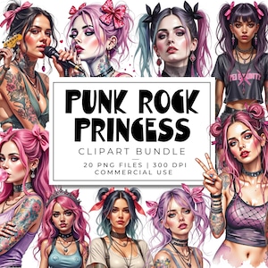 May include: A digital art clipart bundle titled "Punk Rock Princess" featuring illustrations of women with punk rock aesthetics. The images showcase women with tattoos, guitars, microphones, and various hairstyles, including pink and purple hair. The bundle includes 20 PNG files.