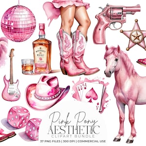 Rosa ponny estetisk clipart-paket, rosa cowgirl-clipart, rosa western-PNG-bilder, discocowgirl-möhippa, klippbok, kommersiellt bruk