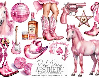 Pink Pony Aesthetic Clipart Bundle, Pink Cowgirl Clip Art, Pink Western PNG Images, Disco Cowgirl Bachelorette, Scrapbook, Commercial Use