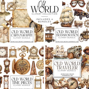 May include: A collection of vintage-themed clipart bundles. The image features illustrations of old maps, clocks, compasses, ships, and other travel-related items. The text includes "Old World Clipart Collection" and the names of the bundles: Cartography, Transportation, Time Pieces, and Traveler.