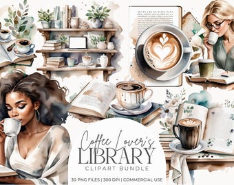Coffee Lovers Library Clipart Bundle | Neutral Coffee & Books Aesthetic PNG | Cozy Café, Bookshop Graphics | Bookish Scrapbook and Journal