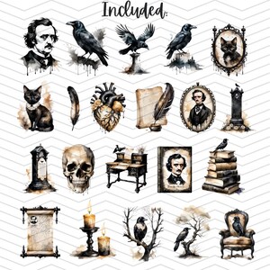May include: A set of 18 digital watercolor illustrations featuring gothic and spooky themes. The illustrations include ravens, a skull, a heart, a clock, a cat, a tombstone, a quill, a book, a desk, a chair, a candle, and a portrait of Edgar Allan Poe.  The illustrations are in black, white, and shades of brown.