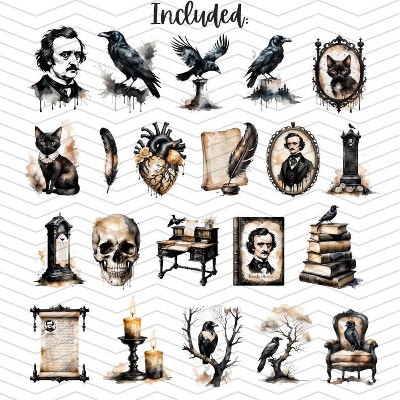 May include: A set of 18 digital watercolor illustrations featuring gothic and spooky themes. The illustrations include ravens, a skull, a heart, a clock, a cat, a tombstone, a quill, a book, a desk, a chair, a candle, and a portrait of Edgar Allan Poe.  The illustrations are in black, white, and shades of brown.