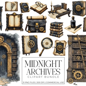 May include: A collection of steampunk-themed illustrations featuring clocks, books, gears, and a vintage-style bookshelf with a ladder. The colour palette includes shades of brown, gold, and black, creating a classic, antique aesthetic. The text "MIDNIGHT ARCHIVES" is also included.